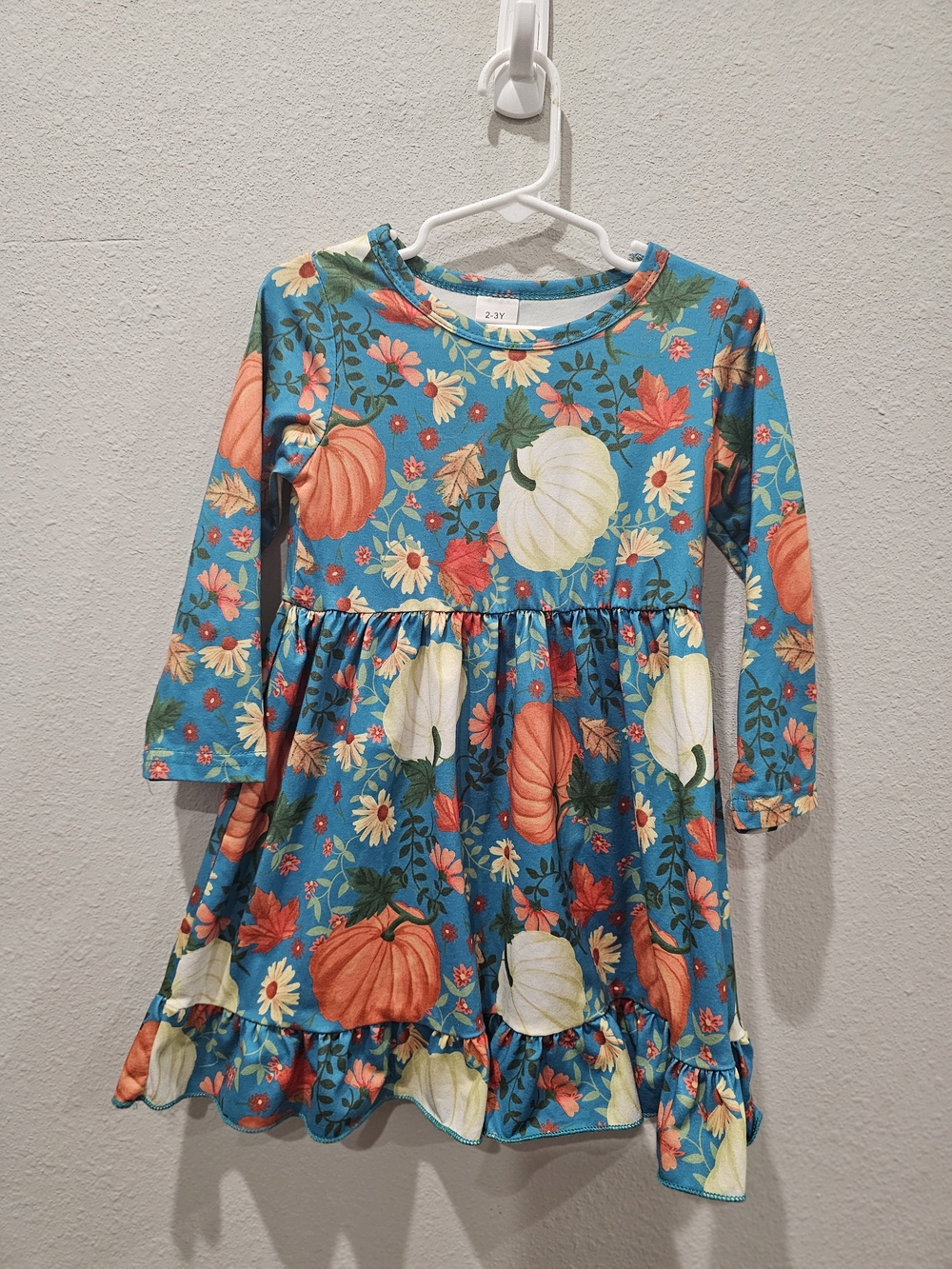 Girls' Teal Long-Sleeve Pumpkin Print Dress
